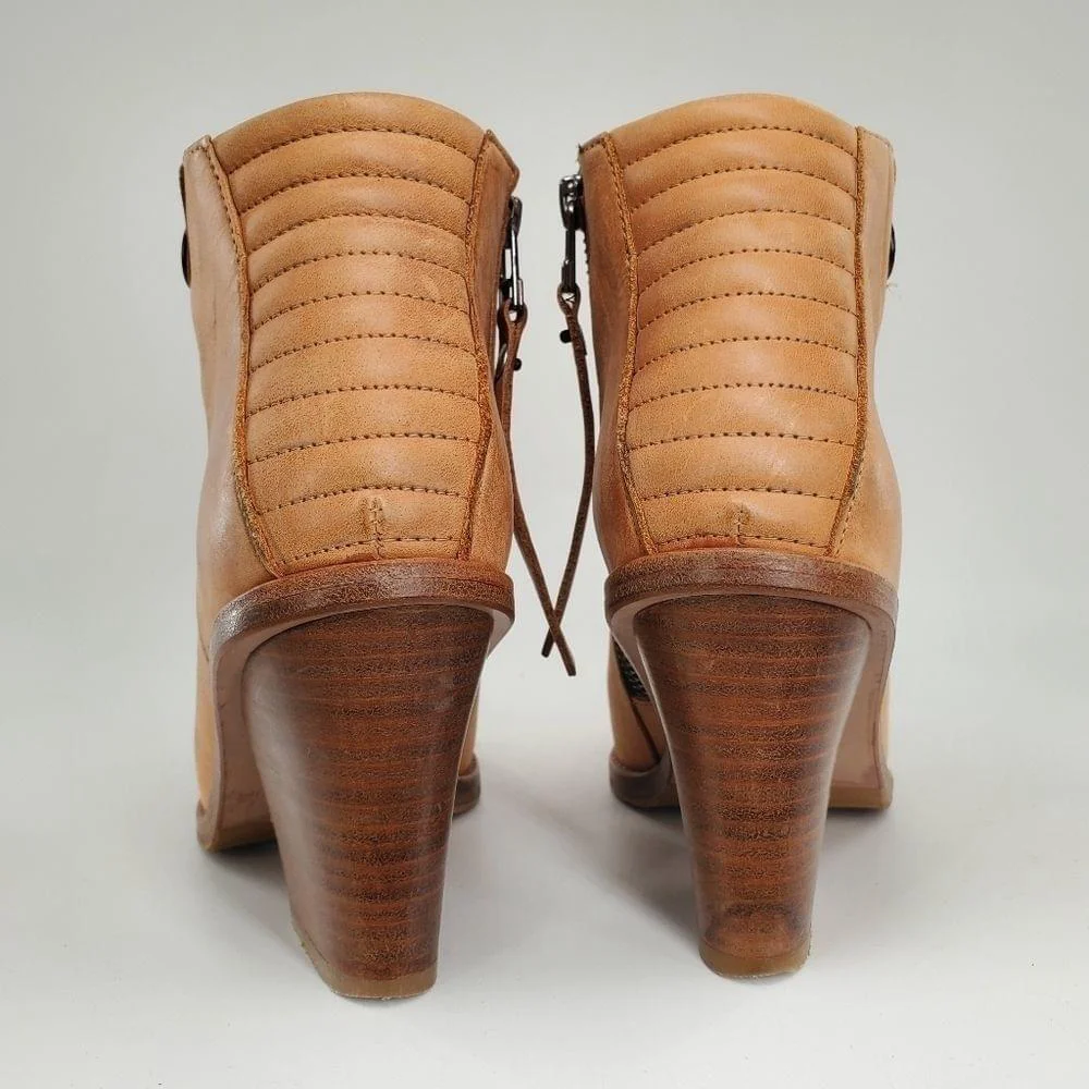 Surface To Air Tan Leather Stacked Block Side-Zip Almond Toe Ankle Boots